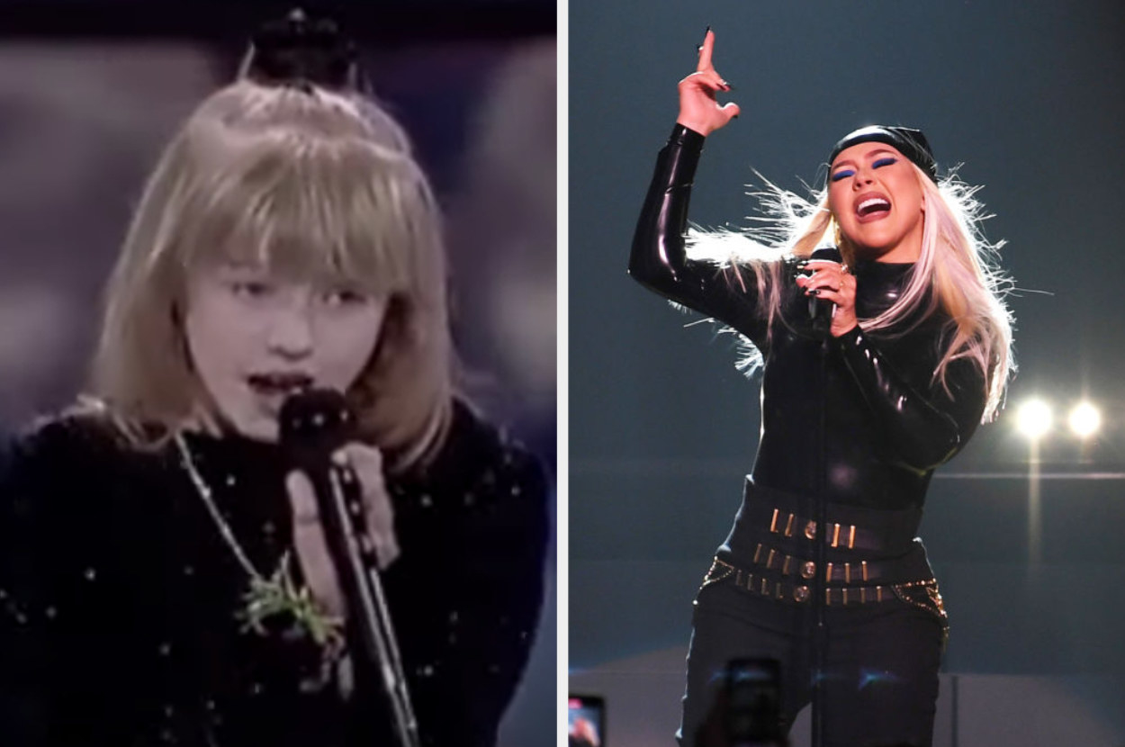 On the left, Aguilera is singing as a 9-year-old on Star Search. On the right, she is singing onstage