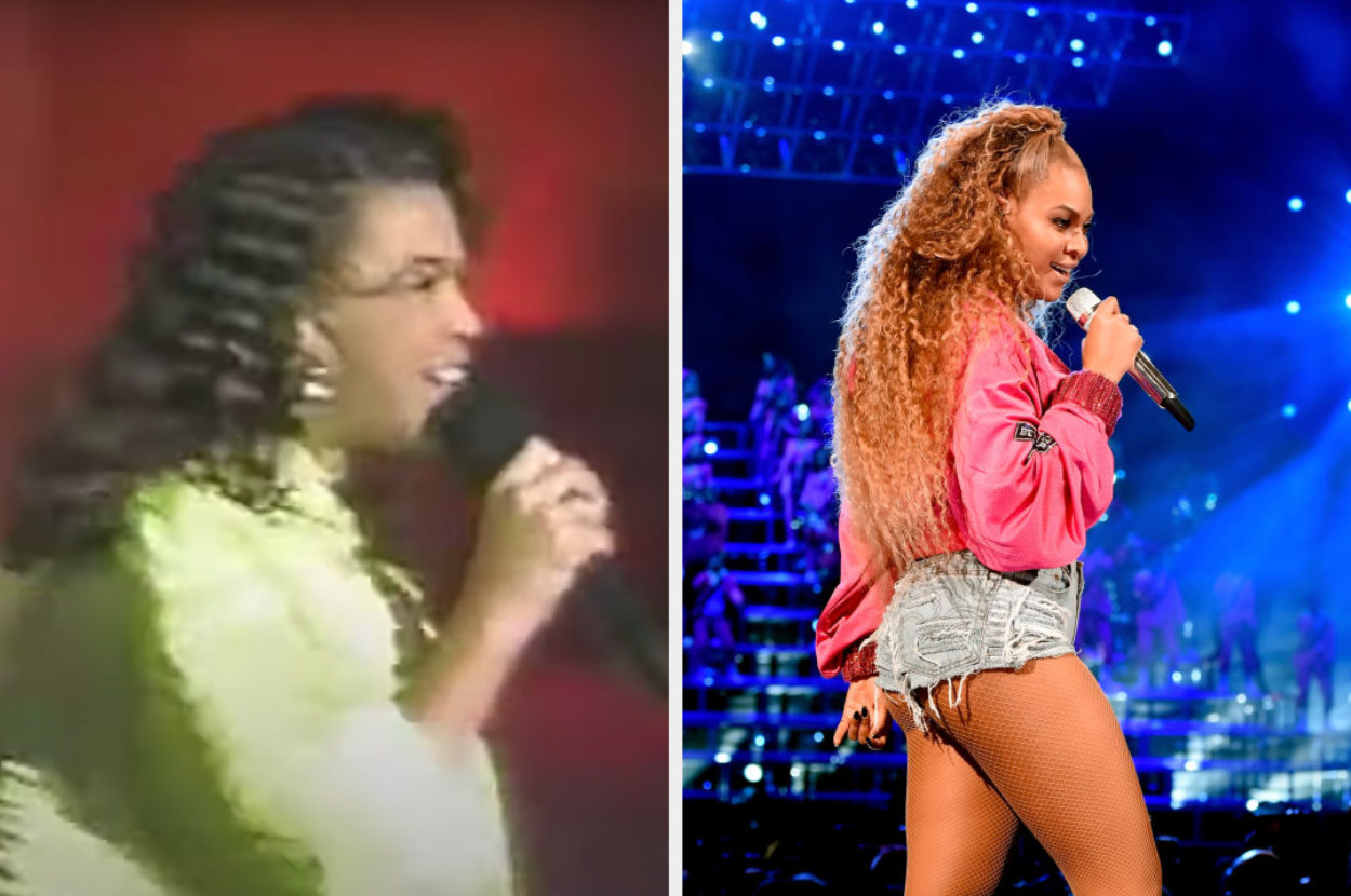 On the left, Beyoncé is singing as a preteen on Star Search. On the right, she is singing as an adult onstage