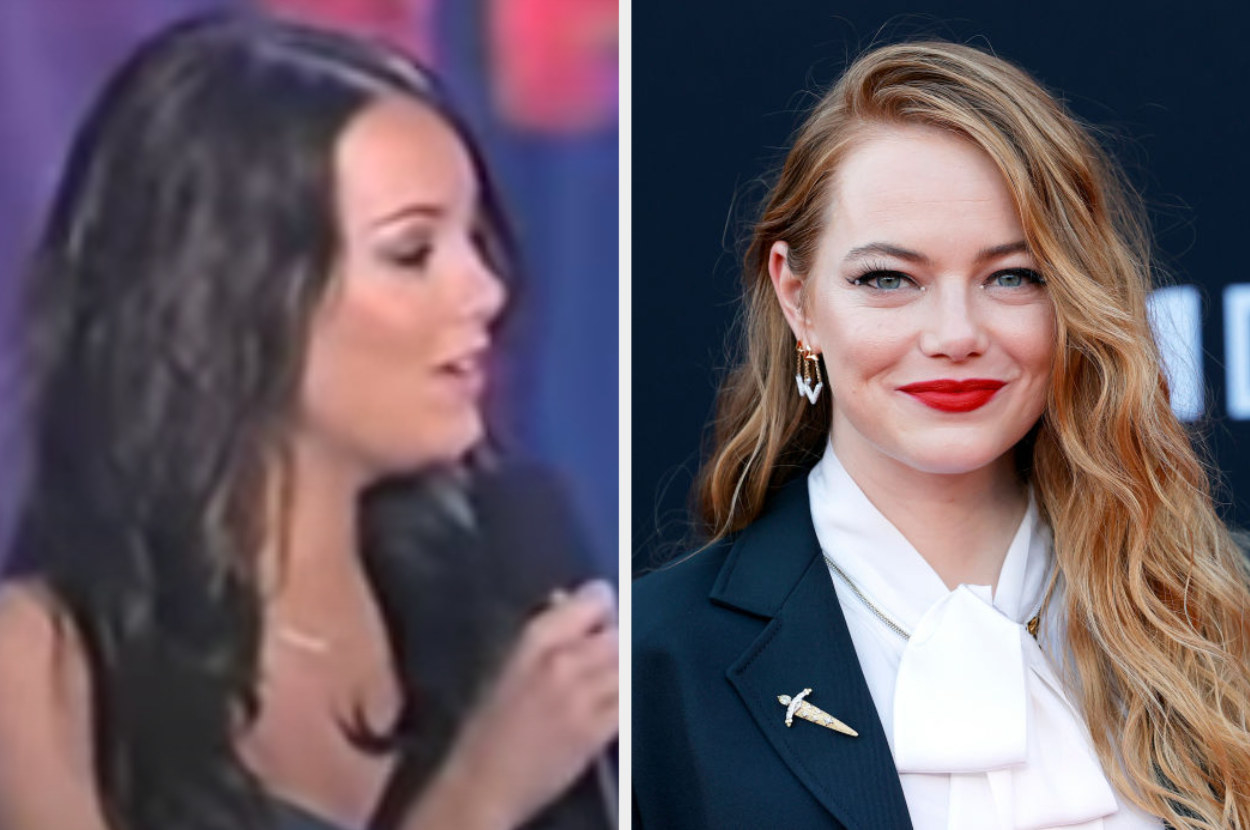 On the left, Emma Stone as a teenager singing on the talent show. On the right, she is smiling at the Cruella premiere