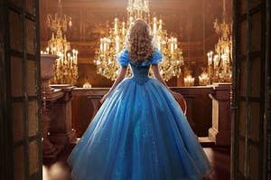 Cinderella staring out at ballroom chandeliers