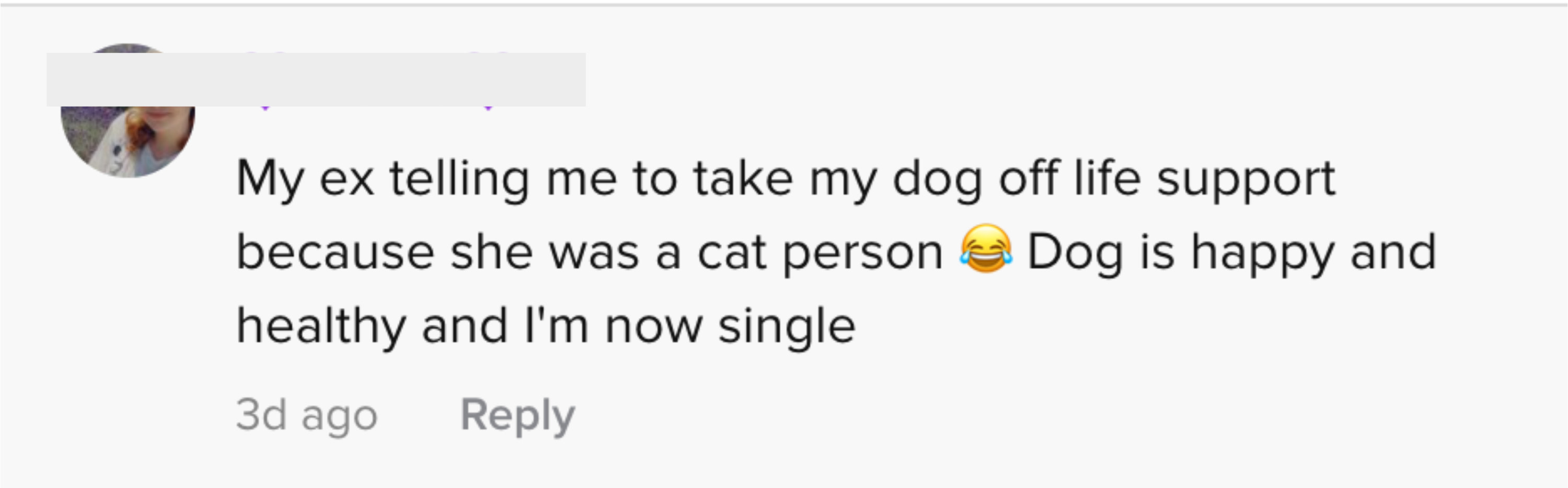 My ex telling me to take my dog off life support because she was a cat person. Dog is happy and healthy and I&#x27;m now single.