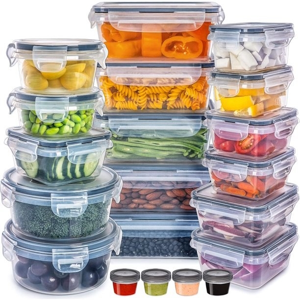 Full set of storage containers show, each filled with food.