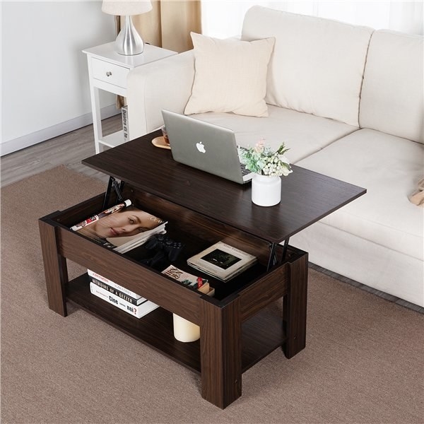 Coffee table shown in &quot;espresso&quot; color, with lift top extended.