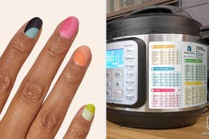 Hands with the nail art stickers, with colorblock swoops / an instant pot chart
