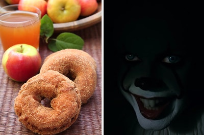 Apple cider donuts are on the left with Pennywise smiling wide on the right