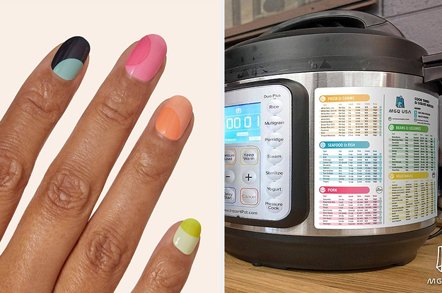 Hands with the nail art stickers, with colorblock swoops / an instant pot chart
