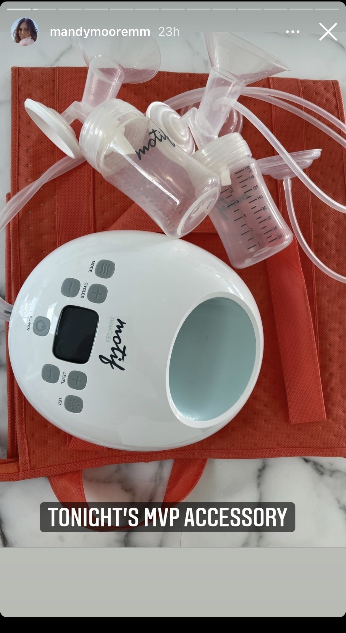 Screenshot of breast pump and accessories with caption: &quot;Tonight&#x27;s MVP accessory&quot;