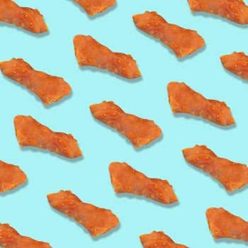 pieces of salmon nuggets on a blue background