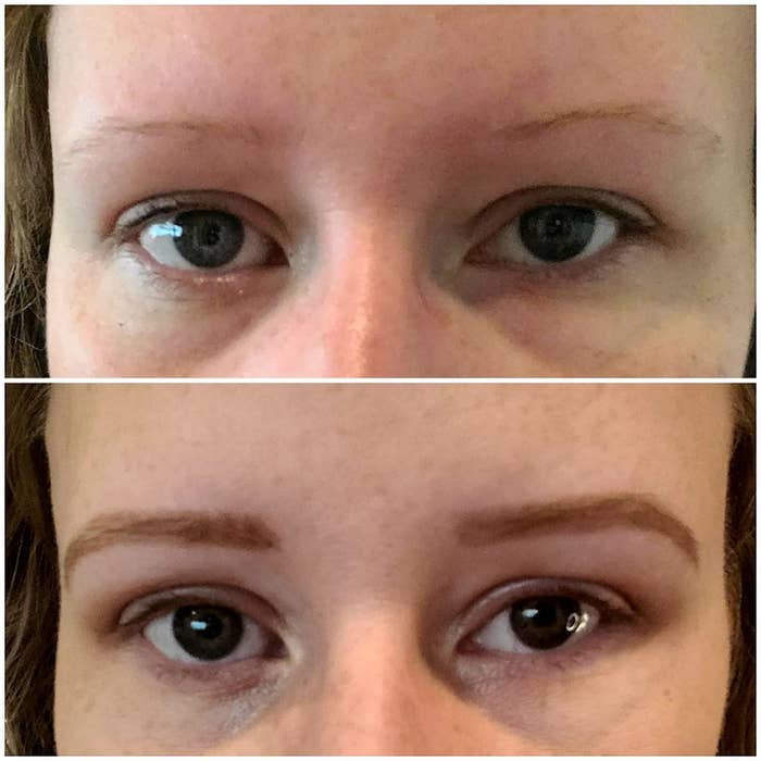 on top, reviewer with sparse auburn eyebrows. on bottom, reviewer with more defined auburn brows after using the brow pencil above