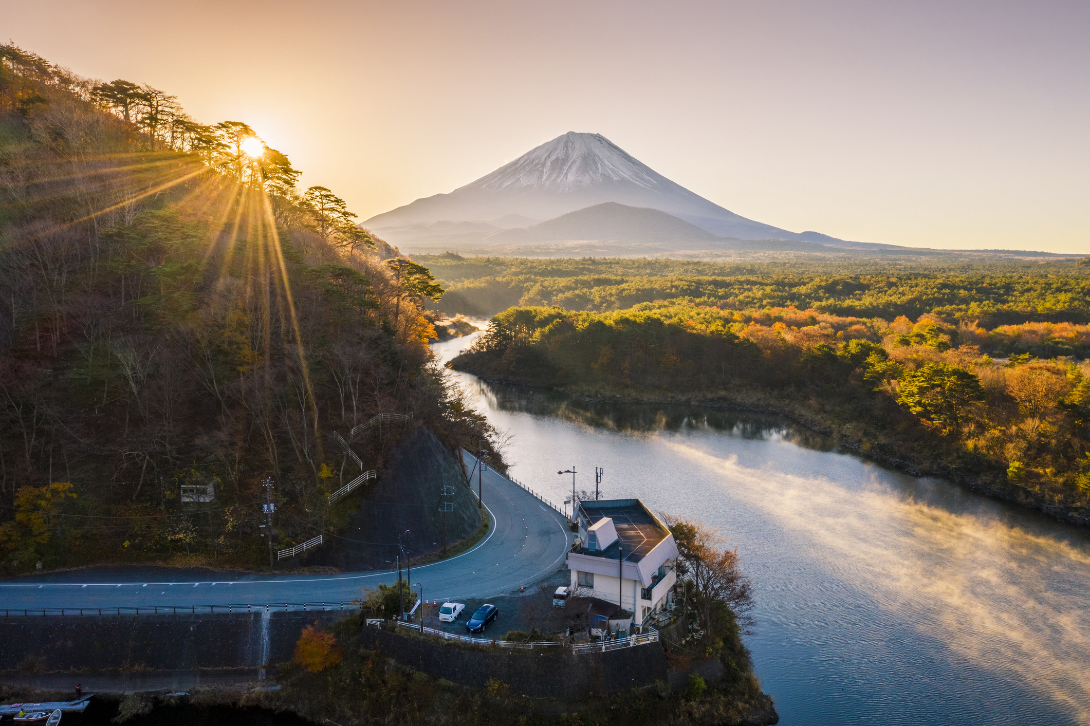 A view of Mount Fuji in the autumn at sunrise.