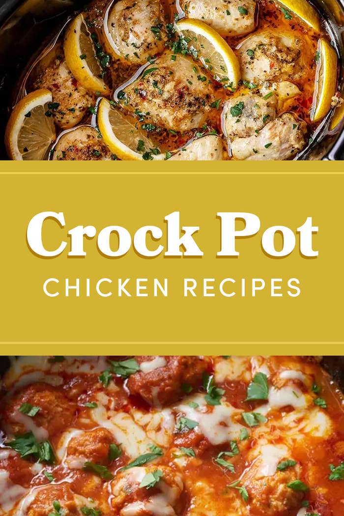 Crock Pot Chicken Recipes; photos of Lemon Garlic Butter Chicken and Chicken Parmesan Meatballs