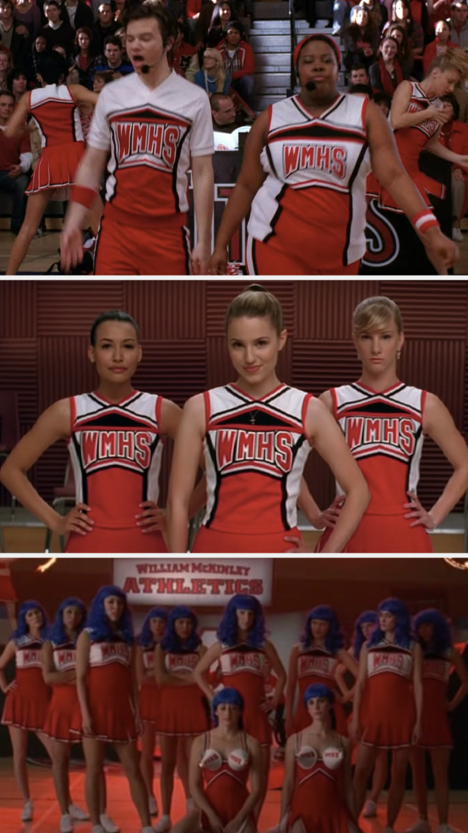 Quinn, Santana, and Brittany in cheer uniforms