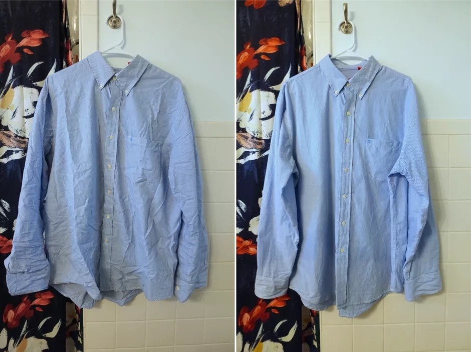 before and after reviewer images of a wrinkled button down becoming wrinkle-free