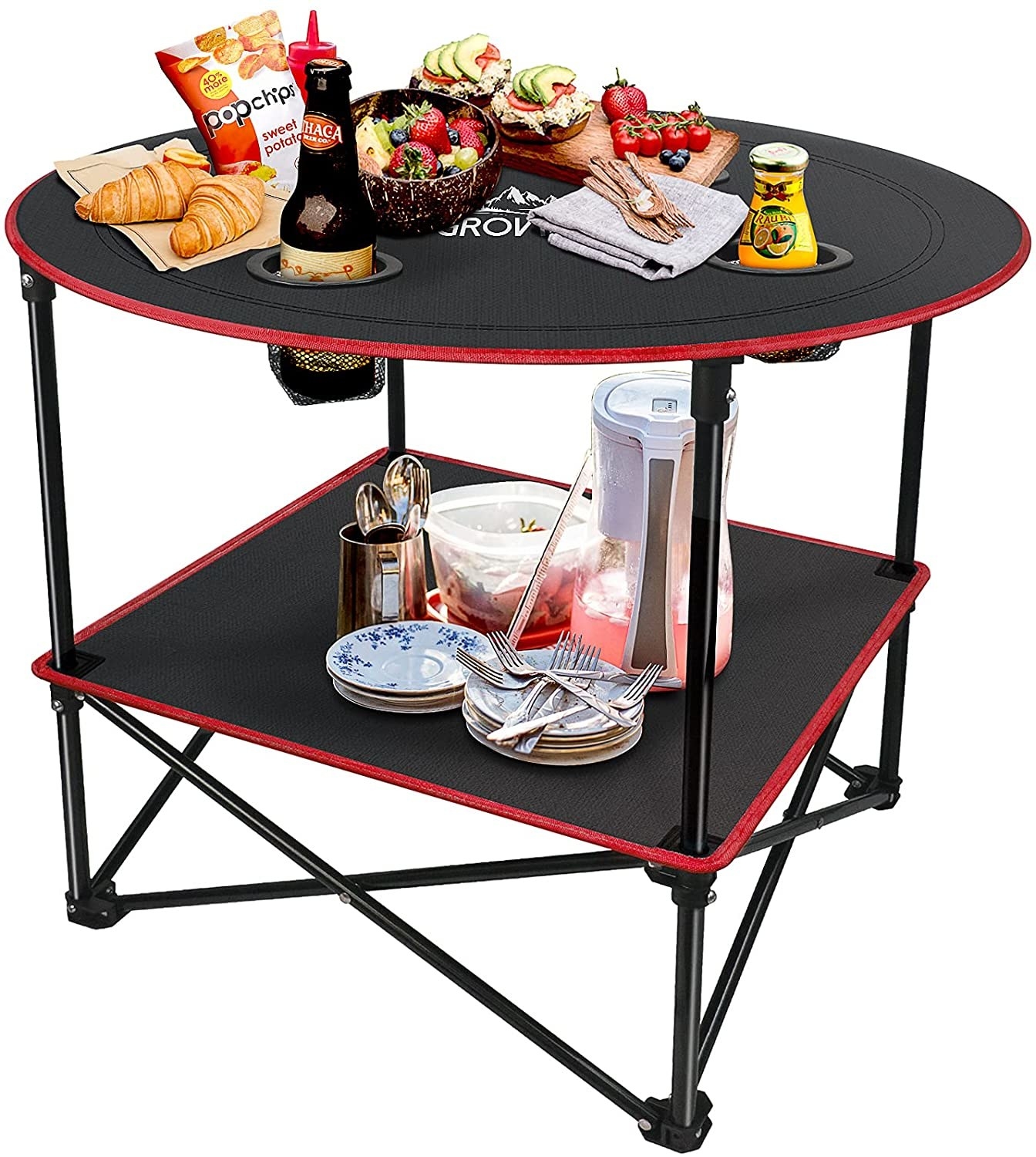 the portable camping table with food and drinks on both shelves