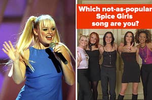 Baby Spice is performing on the left with the Spice Girls on the right labeled, "Which not-as-popular  Spice Girls  song are you?"