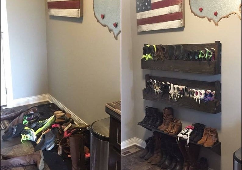on the left, an entryway littered with a pile of shoes and on the right, the same entryway organized with several wall mounted shoe racks