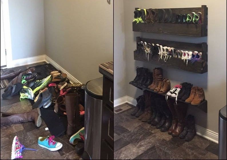on the left, an entryway littered with a pile of shoes and on the right, the same entryway organized with several wall mounted shoe racks