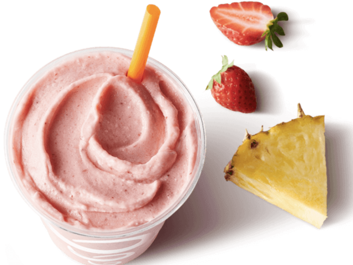 a smoothie made with pineapple and strawberry