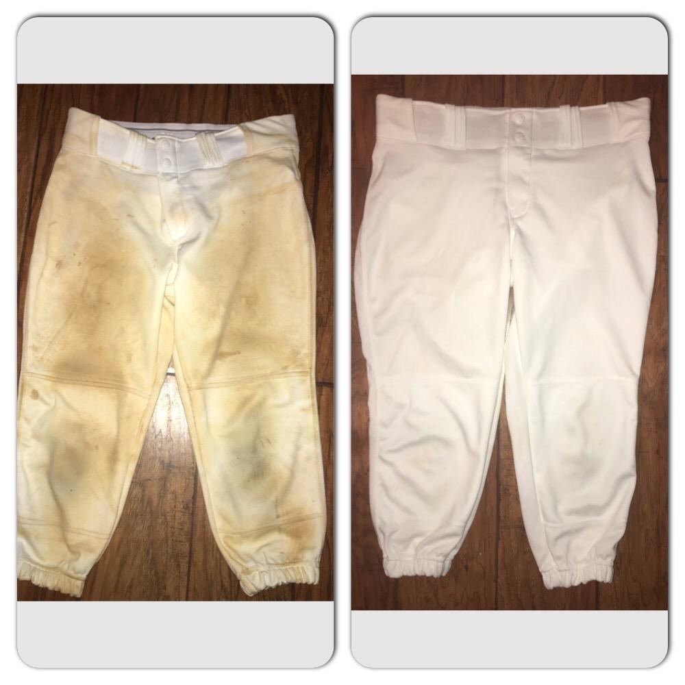 a review photo of a before and after of a pair of softball pants