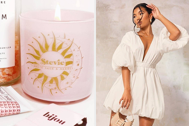 stevie nicks candle; model in bubble-sleeve white dress