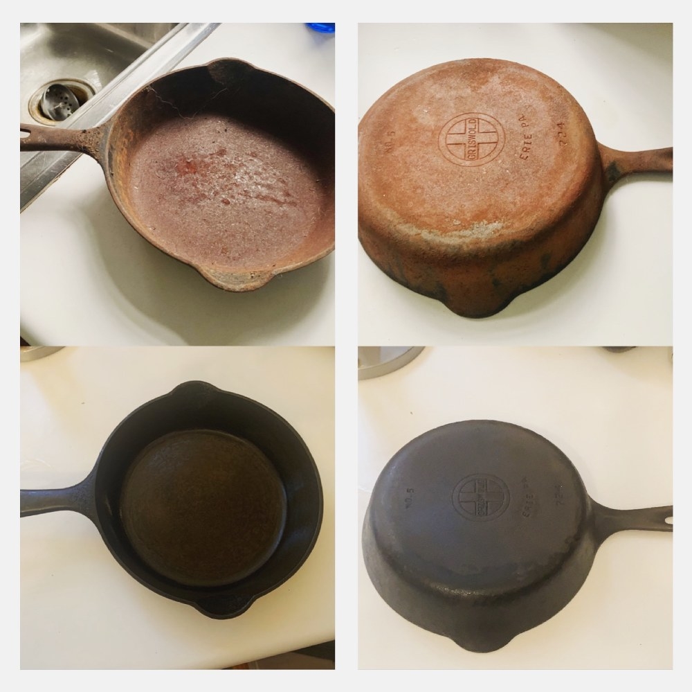 Reviewer&#x27;s photo of a pan before and after using the scrubber