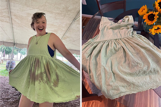 reviewer in wine-stained dress then the dress clean