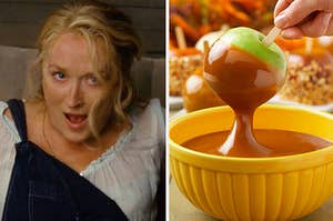 Meryl Streep is on the left making a funny face with an apple dipped in caramel on the right