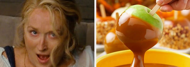Meryl Streep is on the left making a funny face with an apple dipped in caramel on the right