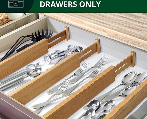 Drawer dividers shown in &quot;natural bamboo&quot; color in a drawer, separating silverware.