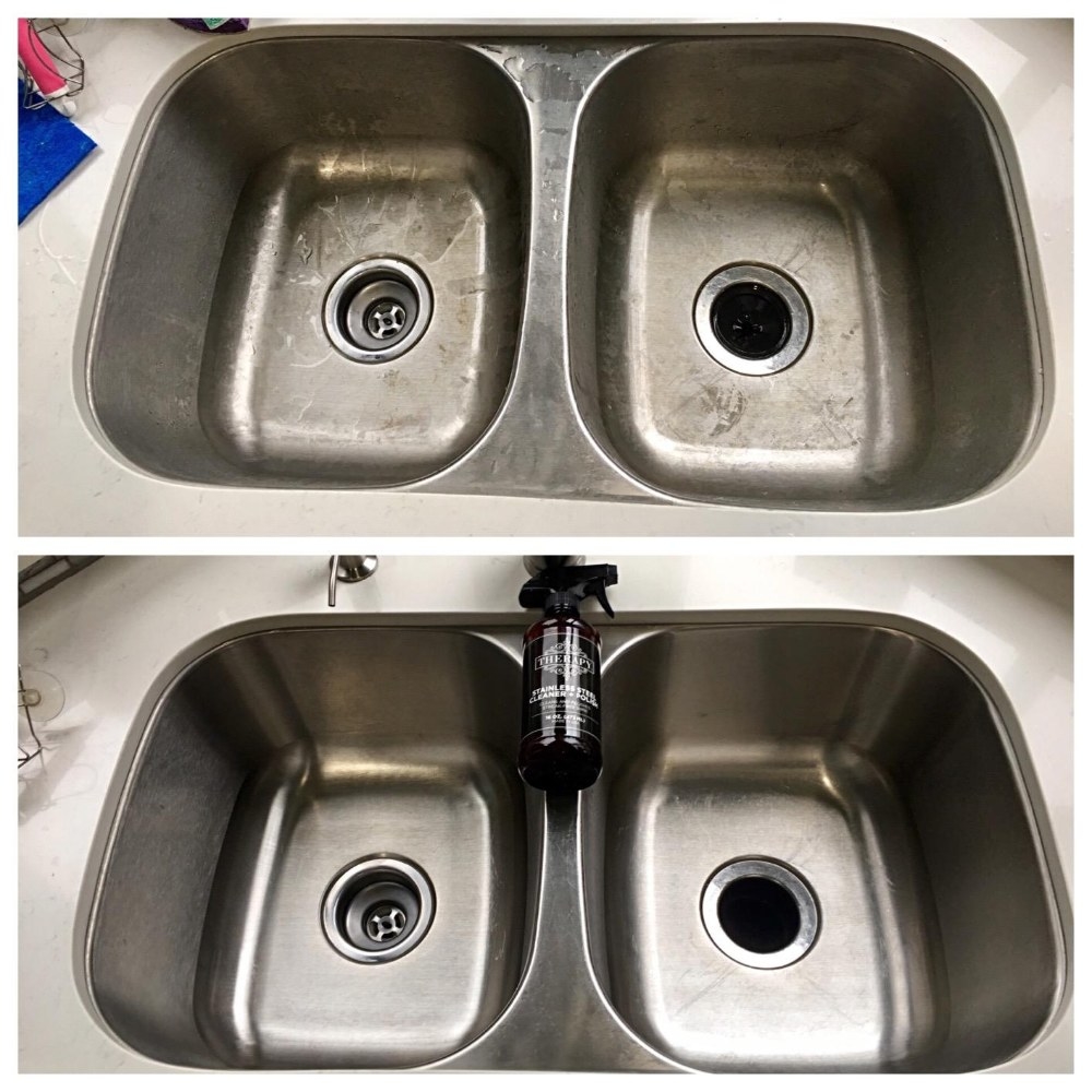Reviewer&#x27;s photo of a stainless steel sink before and after using the cleaner