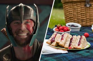 A close up of Thor with war paint on his face and a plate of PB&J sandwiches sliced in half