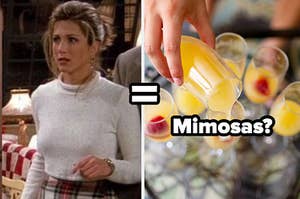 Rachel Green wears a turtleneck sweater and a hand uses a glass to pour champagne into another glass
