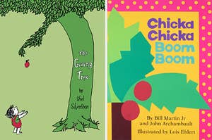 On the left, ThE giving Tree book by Shel Silverstein, and on the right, the book Chicka Chicka Boom Boom by Bill Martin Jr. and John Archambault