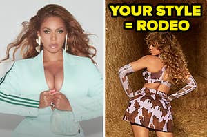 Beyonce is on the left and right posing in Ivy Park labeled, "Your style = rodeo"