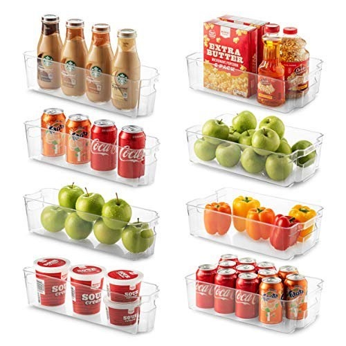 Eight clear plastic containers filled with various food products.