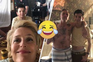 Asa and Gillian taking a selfie, Mikael in a towel taking a picture with Asa