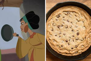 Chicha from The Emperor's New Groove holding a skillet in her hand, and on the right, a cast iron skillet chocolate chip cookie