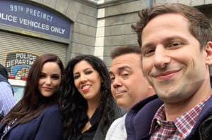 Melissa, Stephanie, Joe, and Andy taking a selfie on set