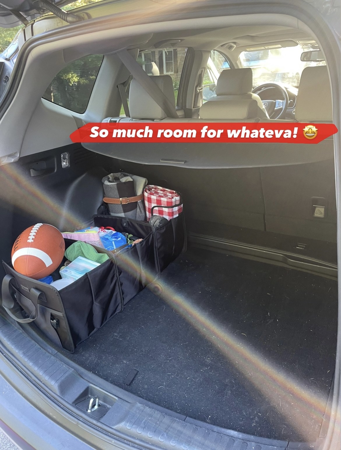 Organized trunk using the Calpak Car Organizer captioned &quot;so much room for whateva&quot;