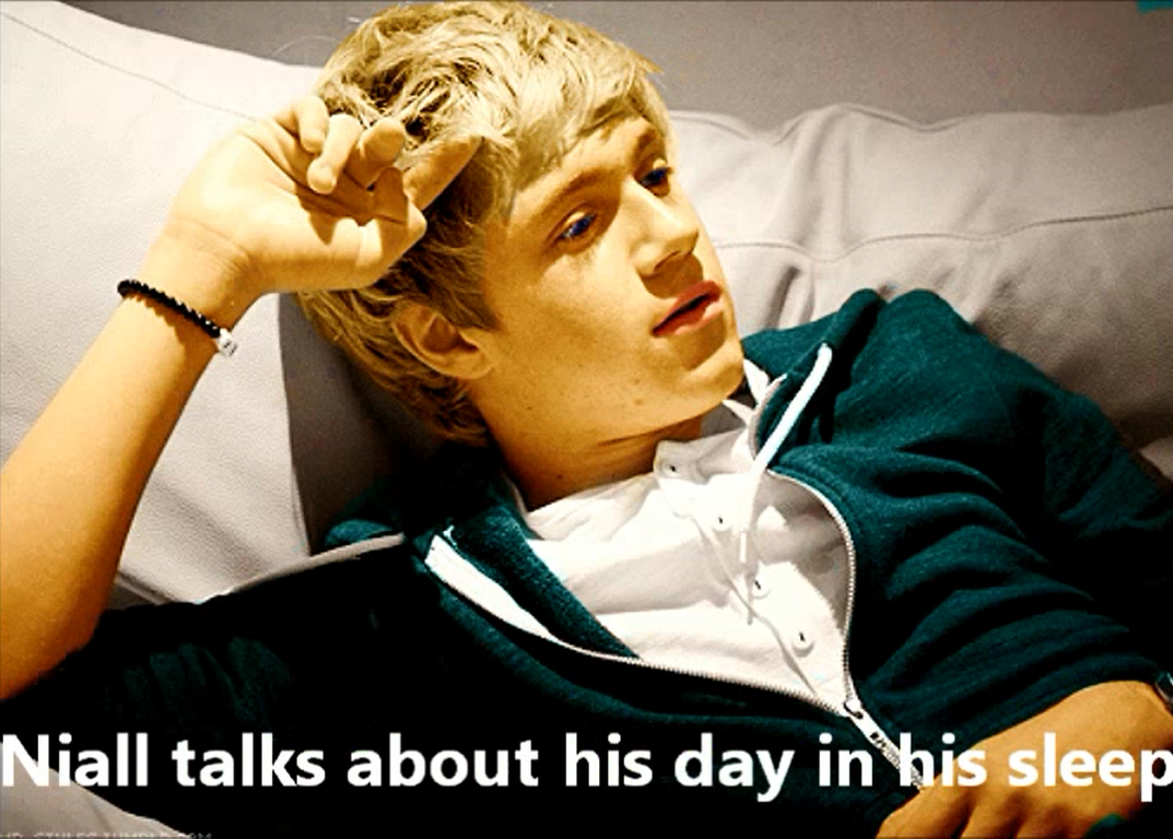 A man lying down with the words &quot;Niall talks about his day in his sleep&quot; below