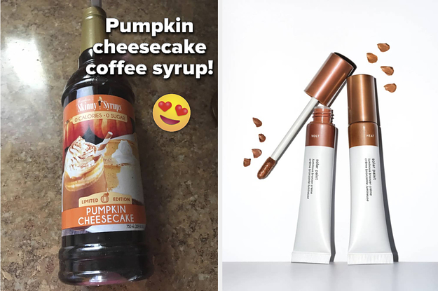 left image: pumpkin cheesecake coffee syrup, right image: glossier solar paint