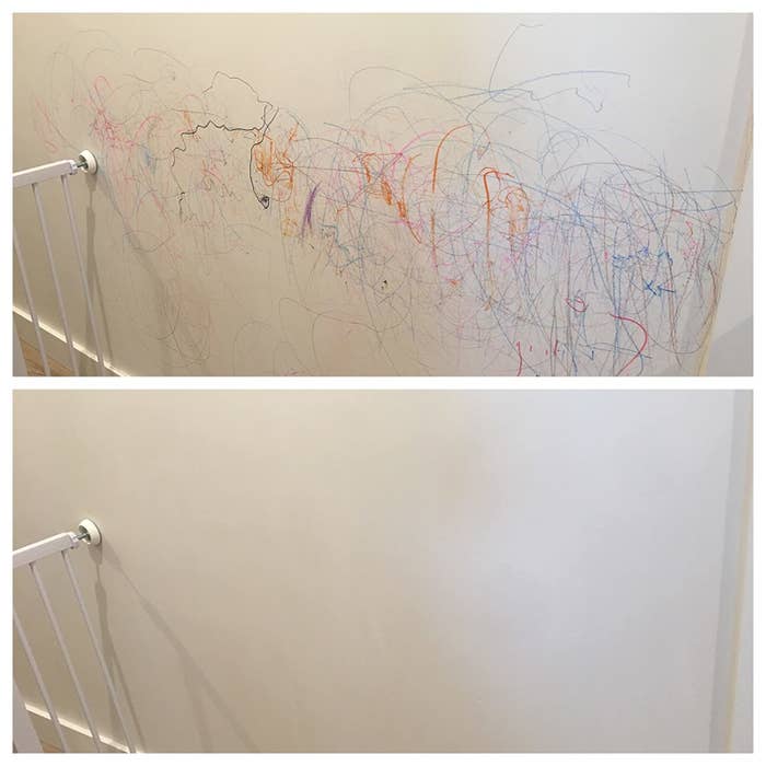 before and after reviewer images of a wall once covered in crayon and markers now completely mark-free