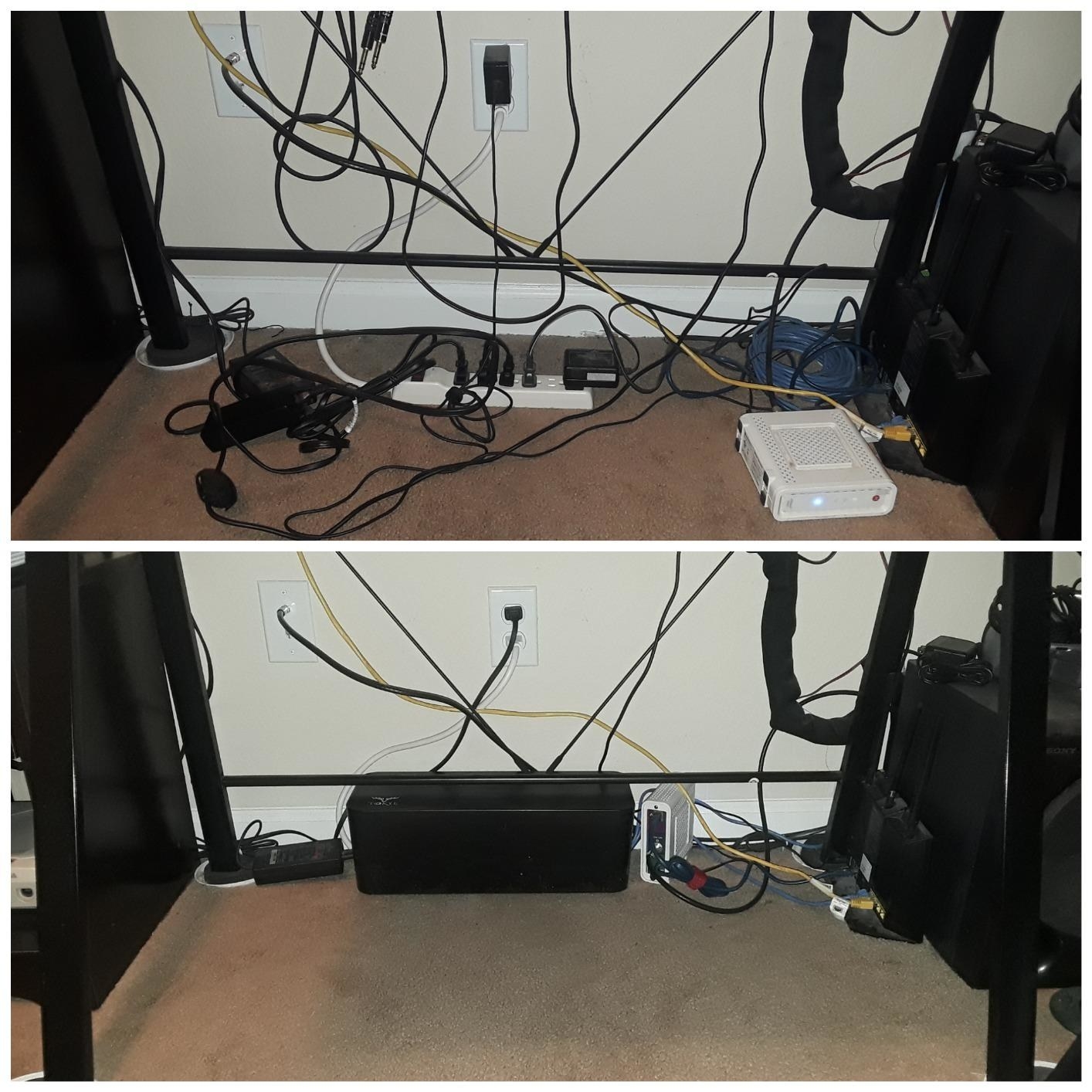 before photo of a mess of tangled cords plugged into a powerstrip and an outlet next to an after photo of a black box holding the powerstrip and cords and the area looks much neater