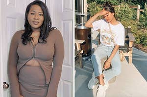 on left reviewer wearing the matching set and on right reviewer wearing a graphic tee 