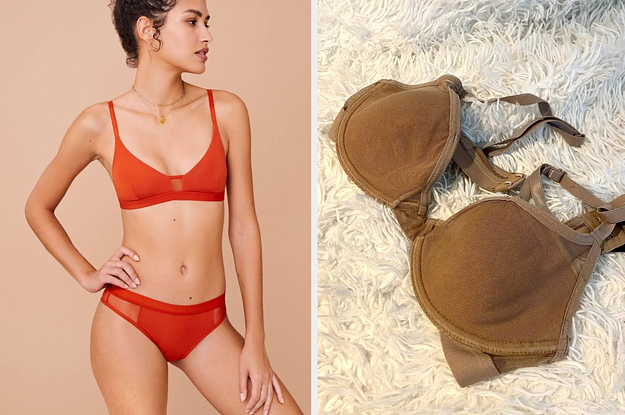 left: model wearing red pepper bra and panty. right: author photo of brown pepper bra on white background