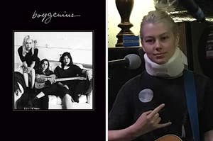 cover of boygenius album next to phoebe bridgers image where she's wearing a neckbrace