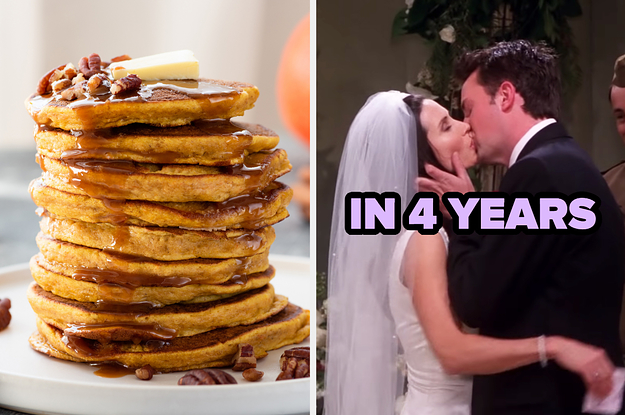 On the left, a stack of pumpkin pancakes topped with syrup, pecans, and a pat of butter, and on the right, Monica and Chandler from Friends sharing a kiss on their wedding day labeled in 4 years