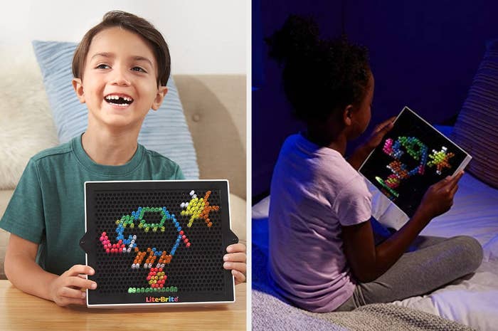 Split image of two child models playing with Lite Brite, one with lights on and one with lights off