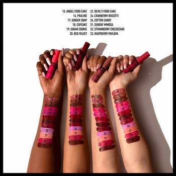 various colors swatched on four models' arms of varying skin tones