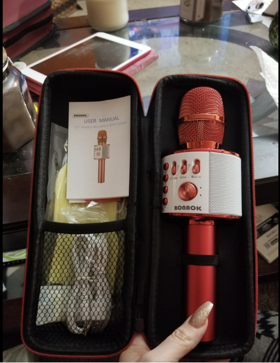 Reviewer image of a red mic showing the volume and echo controls